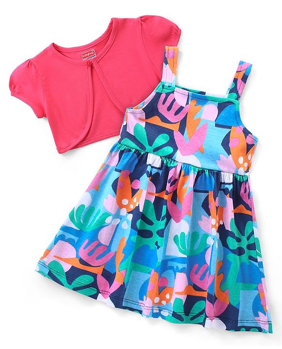 Babyhug Single Jersey Knit Frock with Half Sleeves Shrug & Floral Print - Blue & Pink
