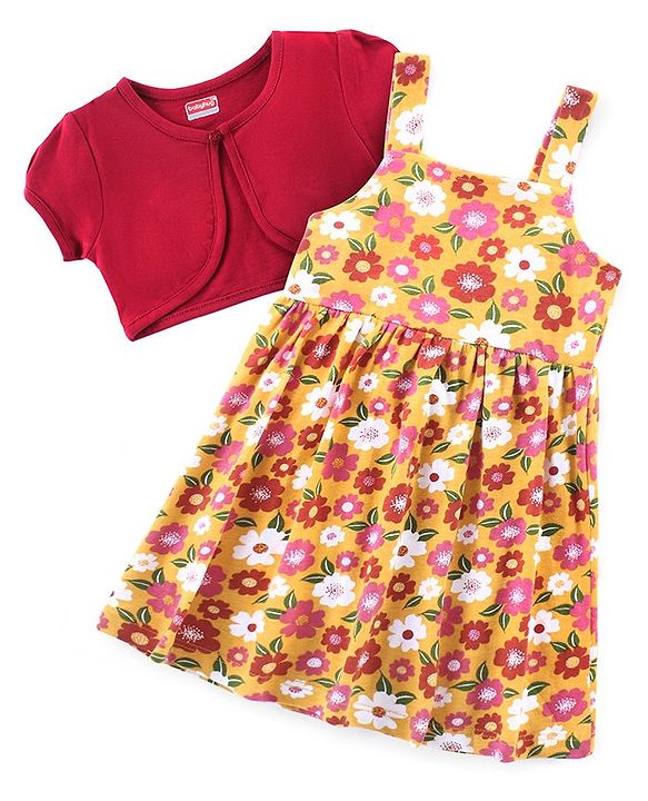 Babyhug Single Jersey Knit Half Puffed Sleeves Floral Printed Frock with Shrug - Red & Yellow
