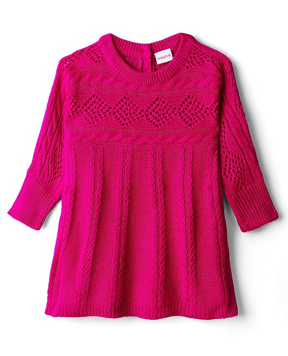 Babyhug Knitted Full Sleeves Woollen Dress With Cable Knit Design - Fuchsia