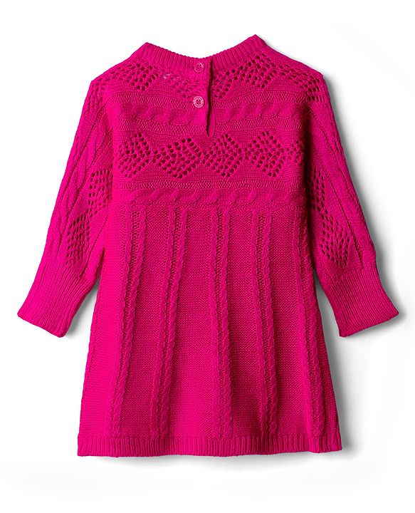 Babyhug Knitted Full Sleeves Woollen Dress With Cable Knit Design - Fuchsia