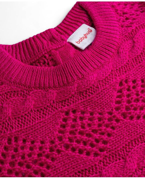 Babyhug Knitted Full Sleeves Woollen Dress With Cable Knit Design - Fuchsia