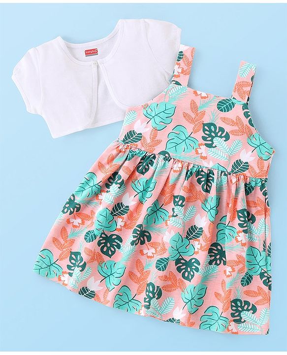 Babyhug Single Jersey Knit Half Sleeves Shrug with Tropical Theme Frock - Multicolor