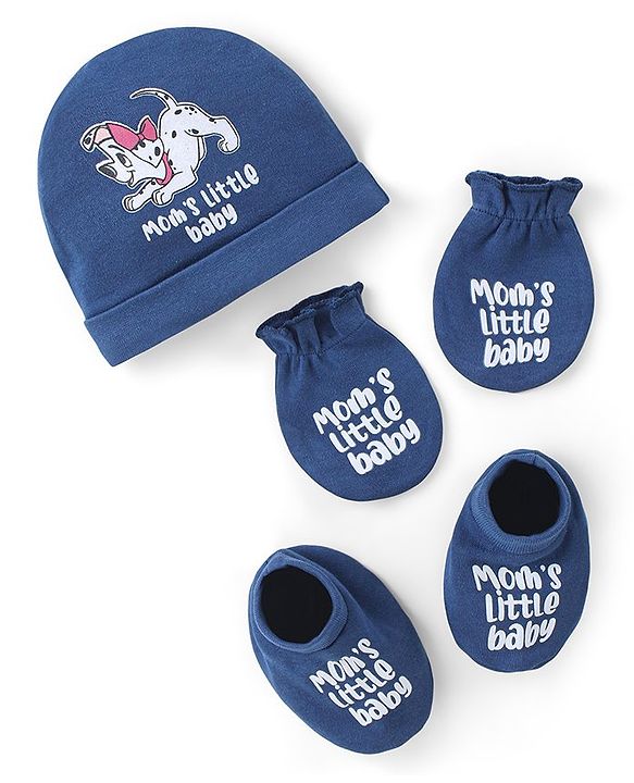 Babyhug Disney Cotton Knit Cap Mittens & Booties Set with 101 Dalmatians Graphics - Blue