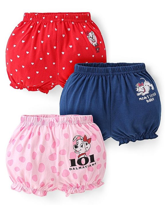 Babyhug Disney Lycra Knit Bloomers with Polka Dots &  101 Dalmatians Print Pack of 3- Red Blue & Pink