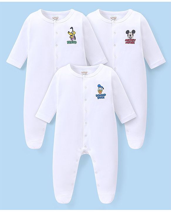 Babyhug Disney Interlock Knit Full Sleeves Solid Sleep Suits With Mickey & Friends Print  Pack Of 3 - White
