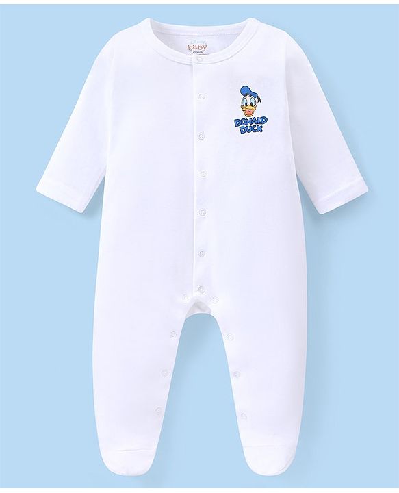 Babyhug Disney Interlock Knit Full Sleeves Solid Sleep Suits With Mickey & Friends Print  Pack Of 3 - White