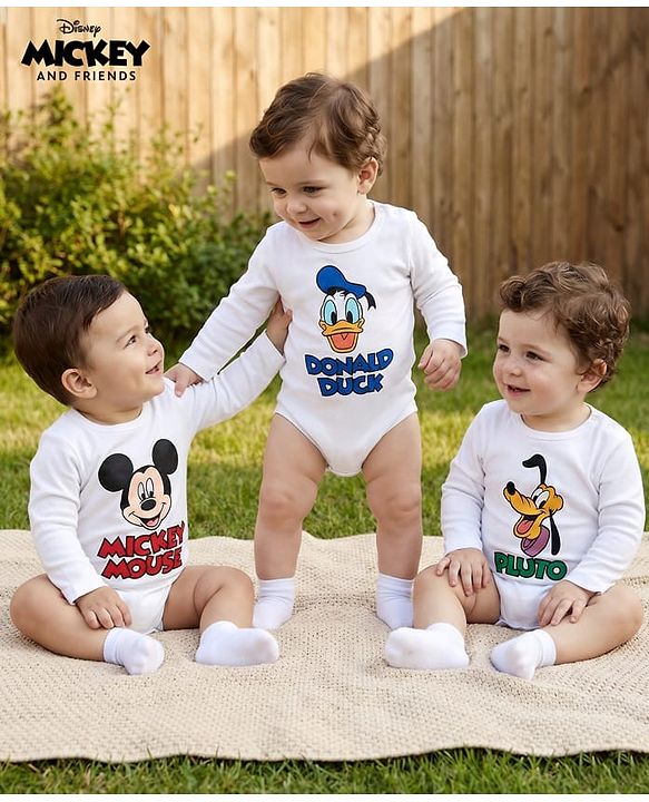 Babyhug Disney Interlock Knit Full Sleeves Onesies with Mickey Mouse & Friends Graphic  Pack of 3 - White