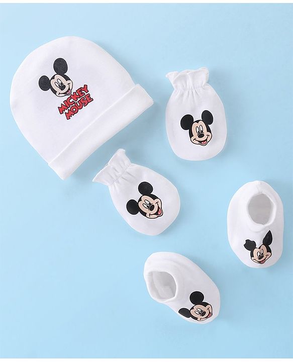 Babyhug Disney  Caps Mittens & Booties Set With Mickey Mouse Graphic - White