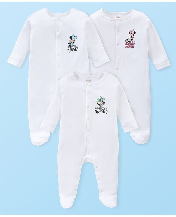 Babyhug Disney Cotton Knit Full Sleeves Footed Sleep Suits with Minnie Mouse Graphics Pack of 3 - White