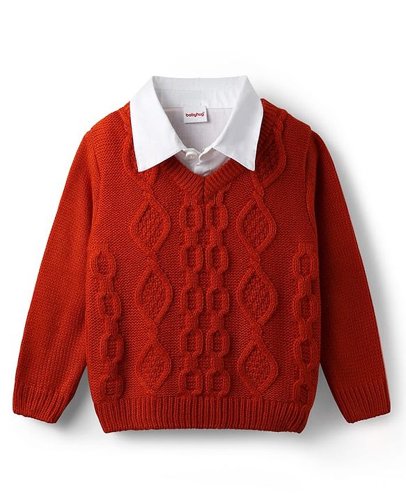 Babyhug Knit Full Sleeves Collar Neck Pullover with Cable Knit Design - Rust Orange