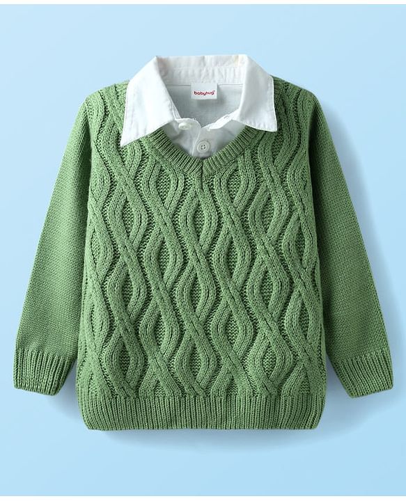 Babyhug Knitted Full Sleeves Overlap Sweater With Cable Knit Design - Green