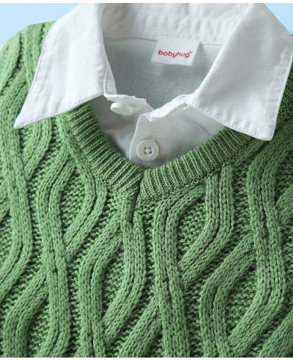 Babyhug Knitted Full Sleeves Overlap Sweater With Cable Knit Design - Green