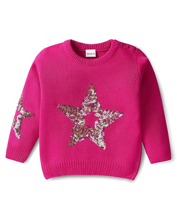 Babyhug Knitted Full Sleeves Sweater With Sequin Detailing - Dark Pink