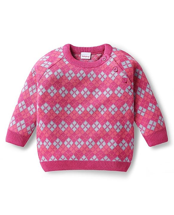 Babyhug Knitted Full Raglan Sleeves Pullover Sweater With Argyle Design - Pink