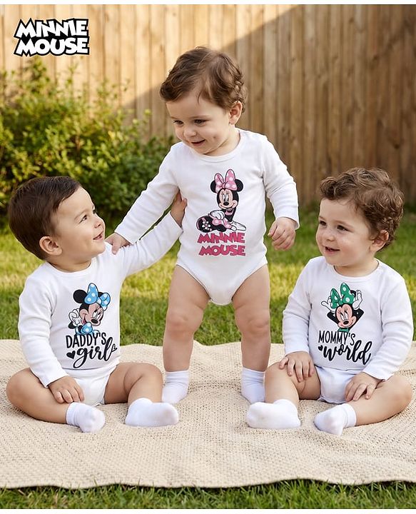 Babyhug Disney Interlock Knit Full Sleeves Onesie With Minnie Mouse Graphics Pack Of 3 -White