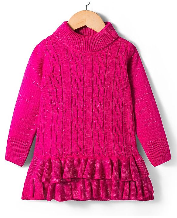 Babyhug Sweater Knit Full Sleeves Pullover Sweaters with Frill Detailing & Cable Knit Design - Fuchsia