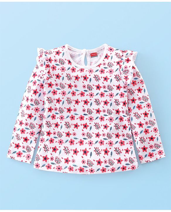 Babyhug Cotton Knit Full Sleeves Top With Frill Detailing & Floral Print - White