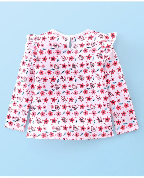 Babyhug Cotton Knit Full Sleeves Top With Frill Detailing & Floral Print - White
