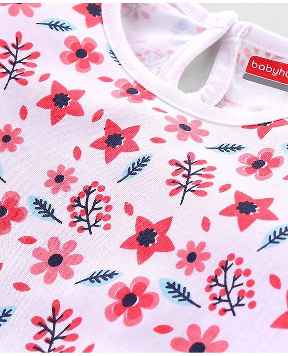 Babyhug Cotton Knit Full Sleeves Top With Frill Detailing & Floral Print - White