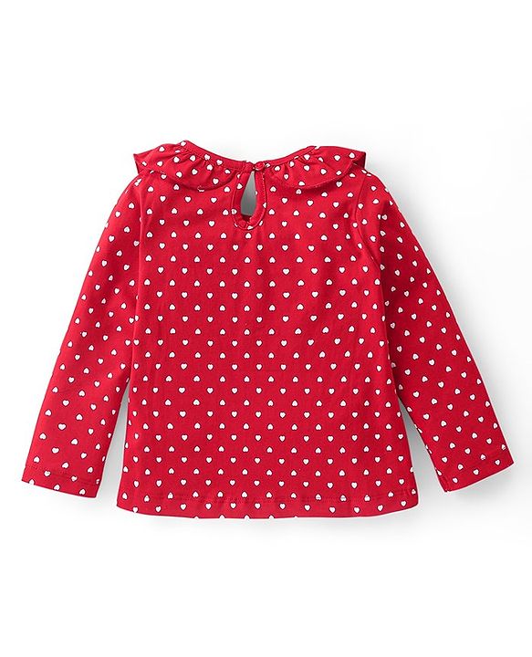 Babyhug Cotton Knit Full Sleeves Top with Hearts Print & Frill Detailing - Red