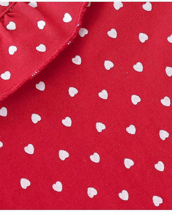 Babyhug Cotton Knit Full Sleeves Top with Hearts Print & Frill Detailing - Red