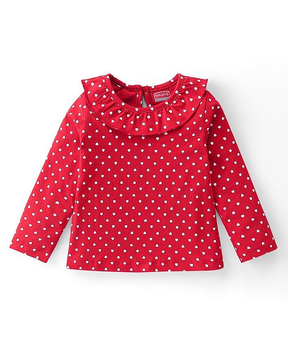 Babyhug Cotton Knit Full Sleeves Top with Hearts Print & Frill Detailing - Red