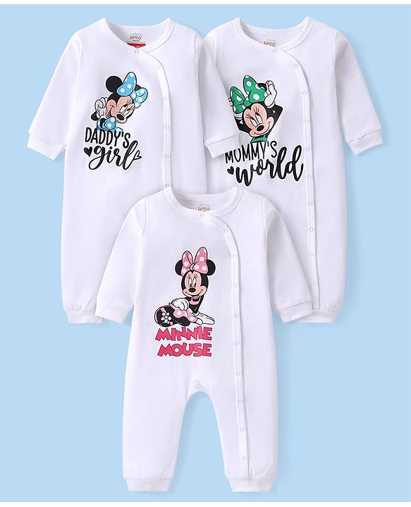 Babyhug Disney Interlock Knit Full Sleeves Front Open Rompers with Minnie Mouse Graphic Pack of 3 -White