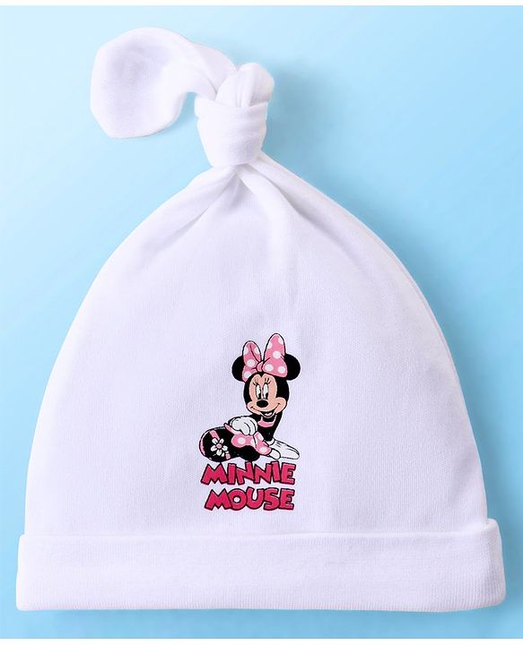 Babyhug Disney  Interlock Knitted Caps With Minnie Mouse Graphic and Knot Detailing Pack of 3 - White