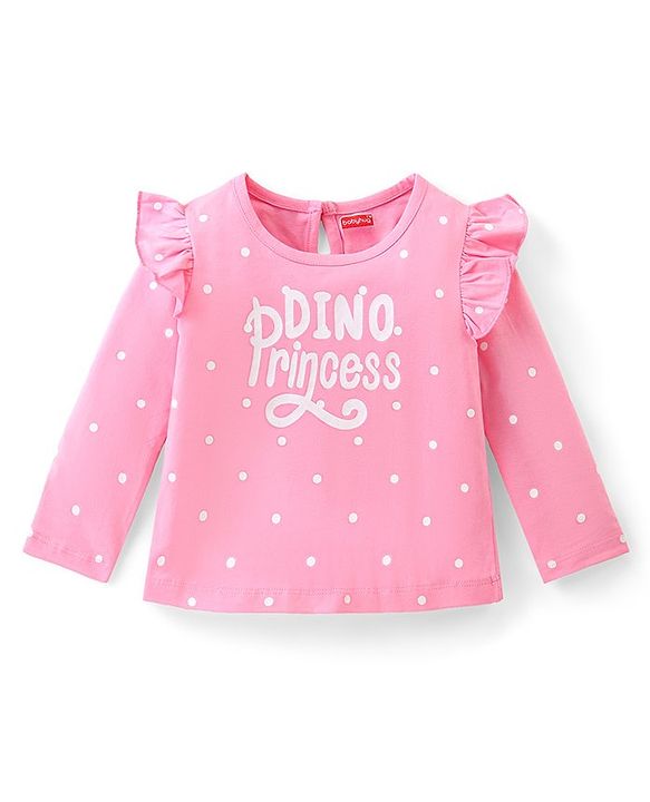 Babyhug Cotton Knit Full Sleeves Top with Frill Detailing Polka Dots & Text Print - Pink