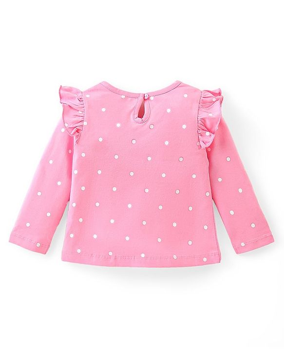 Babyhug Cotton Knit Full Sleeves Top with Frill Detailing Polka Dots & Text Print - Pink
