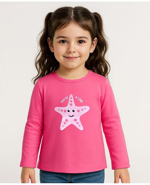 Babyhug Cotton Knit Full Sleeves T-Shirt  With Star Fish Graphics - Pink