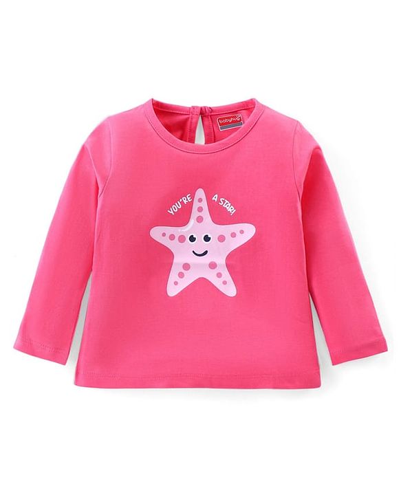 Babyhug Cotton Knit Full Sleeves T-Shirt  With Star Fish Graphics - Pink