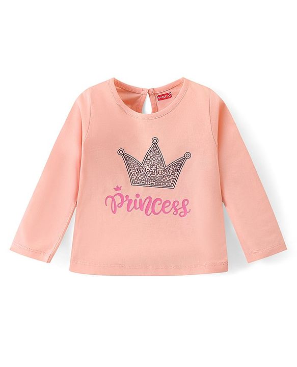 Babyhug Cotton Knit Full Sleeves T-Shirt With Text Print - Peach
