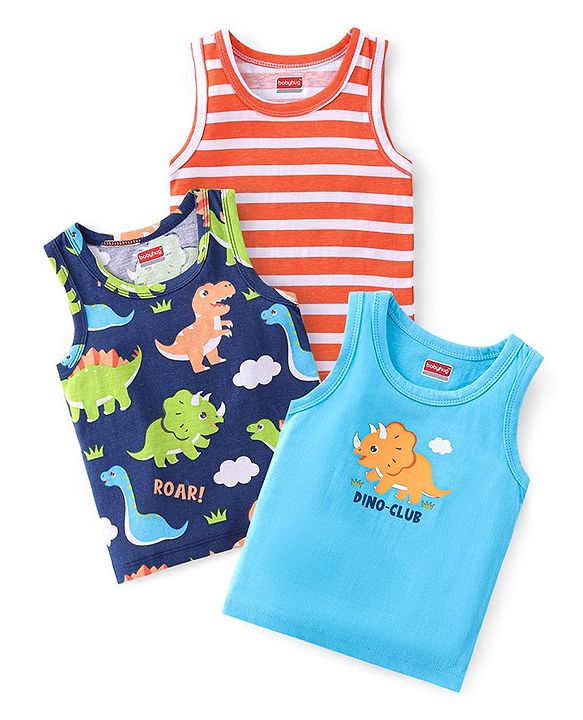 Babyhug 100% Cotton Knit Sleeveless Antibacterial Sandos with Striped & Dino Print Pack of 3 - Blue & Red