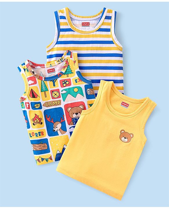Babyhug 100% Cotton Knit Sleeveless Antibacterial Sandos with Striped & Animal Print Pack of 3 - Blue & Yellow