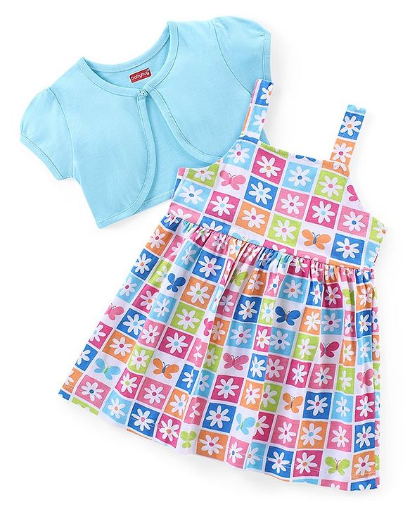 Babyhug Cotton Knit Frock with Half Sleeves Shrug Floral Print - Multicolour