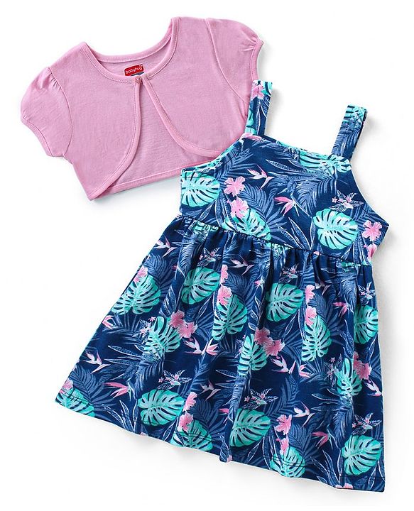 Babyhug Single Jersey Knit Frock with Half Sleeves Shrug Floral Print - Navy Blue & Pink