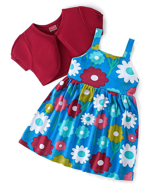 Babyhug Single Jersey Knit Floral Printed Frock with Half Sleeves Solid Shrug - Blue