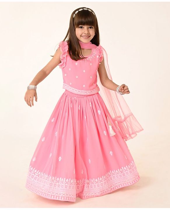 Babyhug Woven Sleeveless Georgett Sequined Embroidered  Choli Lehenga Set with Dupatta  & Frill Detailing - Pink