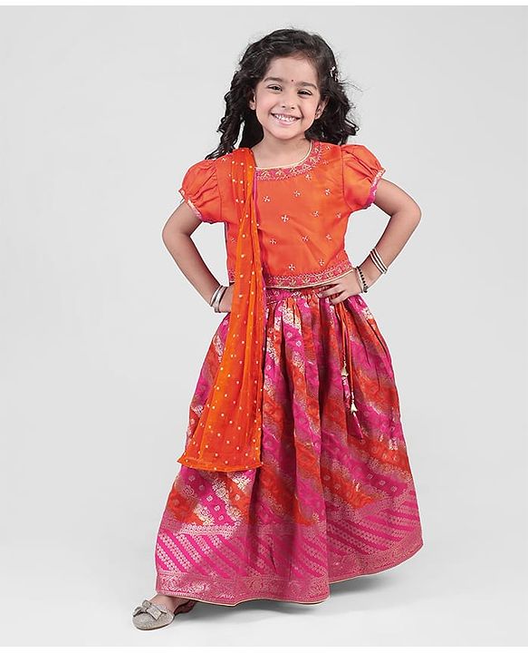 Babyhug Woven  Short Sleeves Sequin  Embroidered Choli & Floral Printed  Lehenga Set with Duppatta - Orange & Fuschia