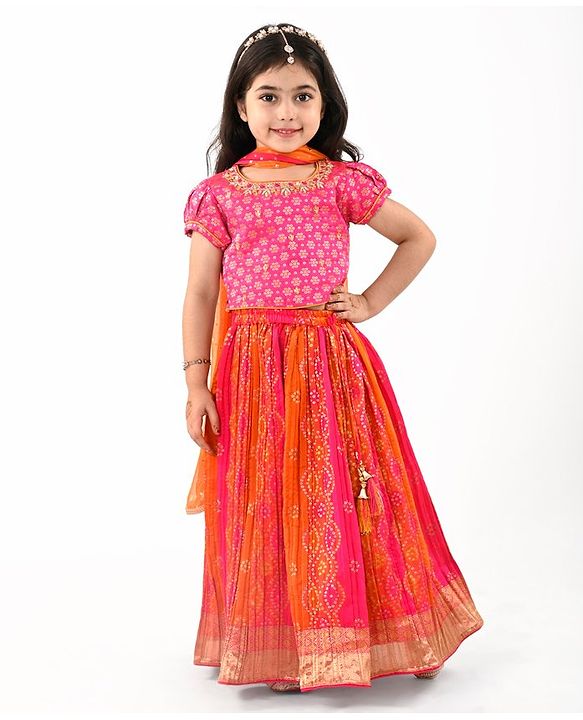Babyhug Woven Short Sleeves Embroidered Choli with Brocade Lehenga & Dupatta Set - Fuschia