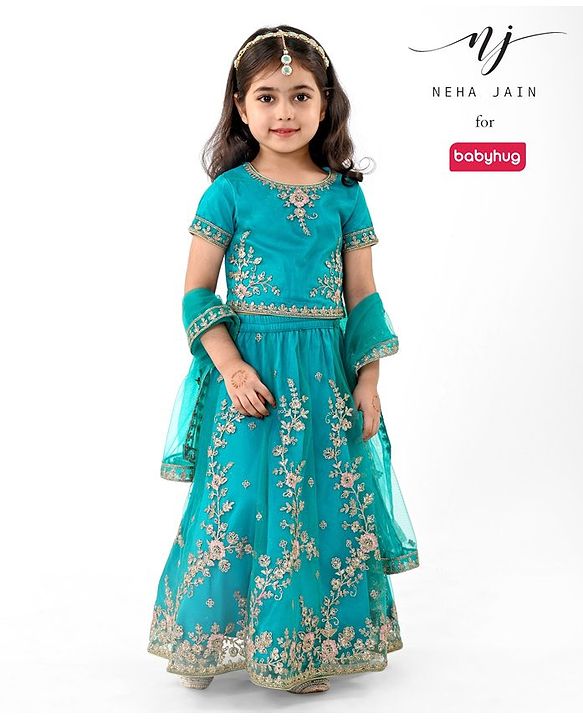 Babyhug Woven Short Sleeves Net Sequinned Embroidered Choli Lehenga & Dupatta Set - Teal