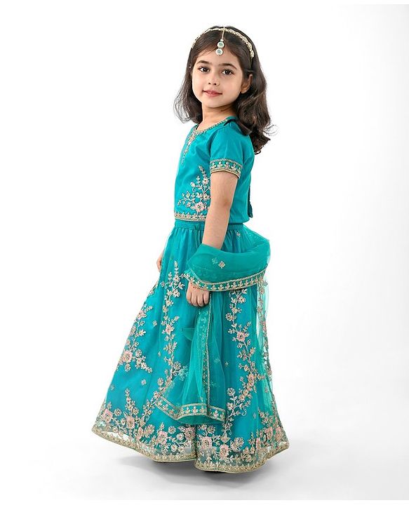 Babyhug Woven Short Sleeves Net Sequinned Embroidered Choli Lehenga & Dupatta Set - Teal