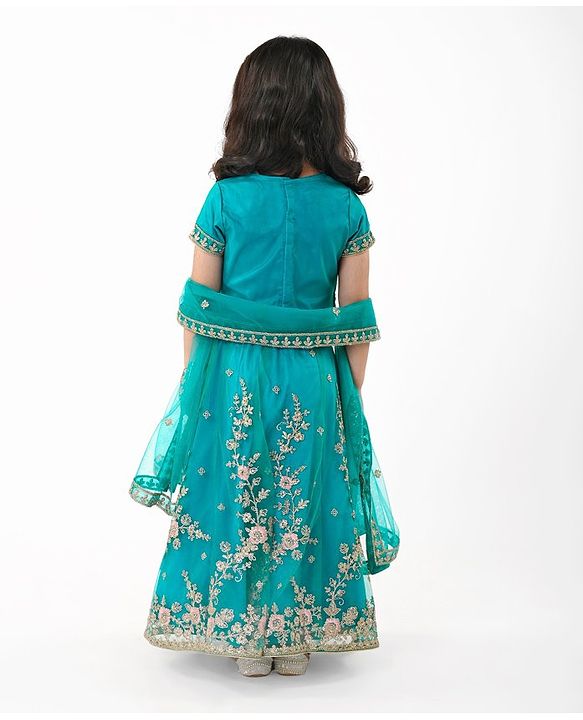 Babyhug Woven Short Sleeves Net Sequinned Embroidered Choli Lehenga & Dupatta Set - Teal
