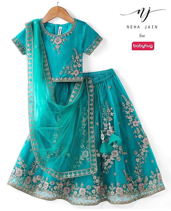 Babyhug Woven Short Sleeves Net Sequinned Embroidered Choli Lehenga & Dupatta Set - Teal