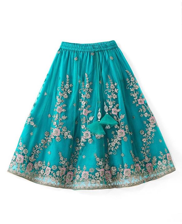 Babyhug Woven Short Sleeves Net Sequinned Embroidered Choli Lehenga & Dupatta Set - Teal