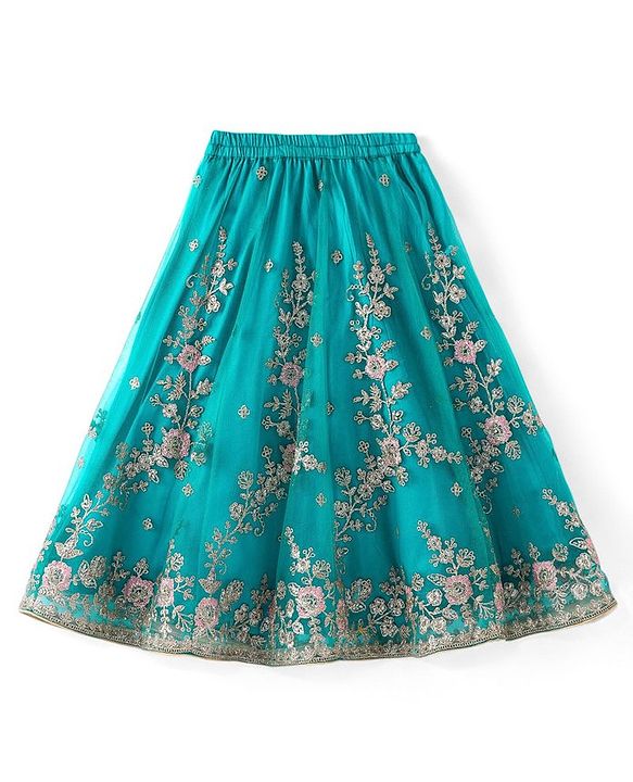 Babyhug Woven Short Sleeves Net Sequinned Embroidered Choli Lehenga & Dupatta Set - Teal