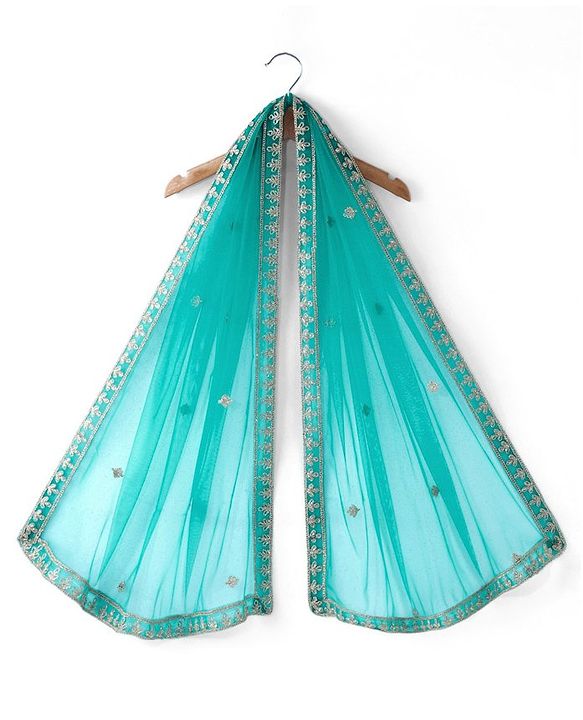 Babyhug Woven Short Sleeves Net Sequinned Embroidered Choli Lehenga & Dupatta Set - Teal