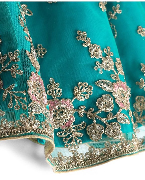 Babyhug Woven Short Sleeves Net Sequinned Embroidered Choli Lehenga & Dupatta Set - Teal
