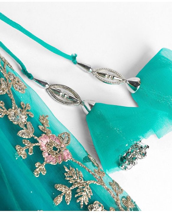 Babyhug Woven Short Sleeves Net Sequinned Embroidered Choli Lehenga & Dupatta Set - Teal